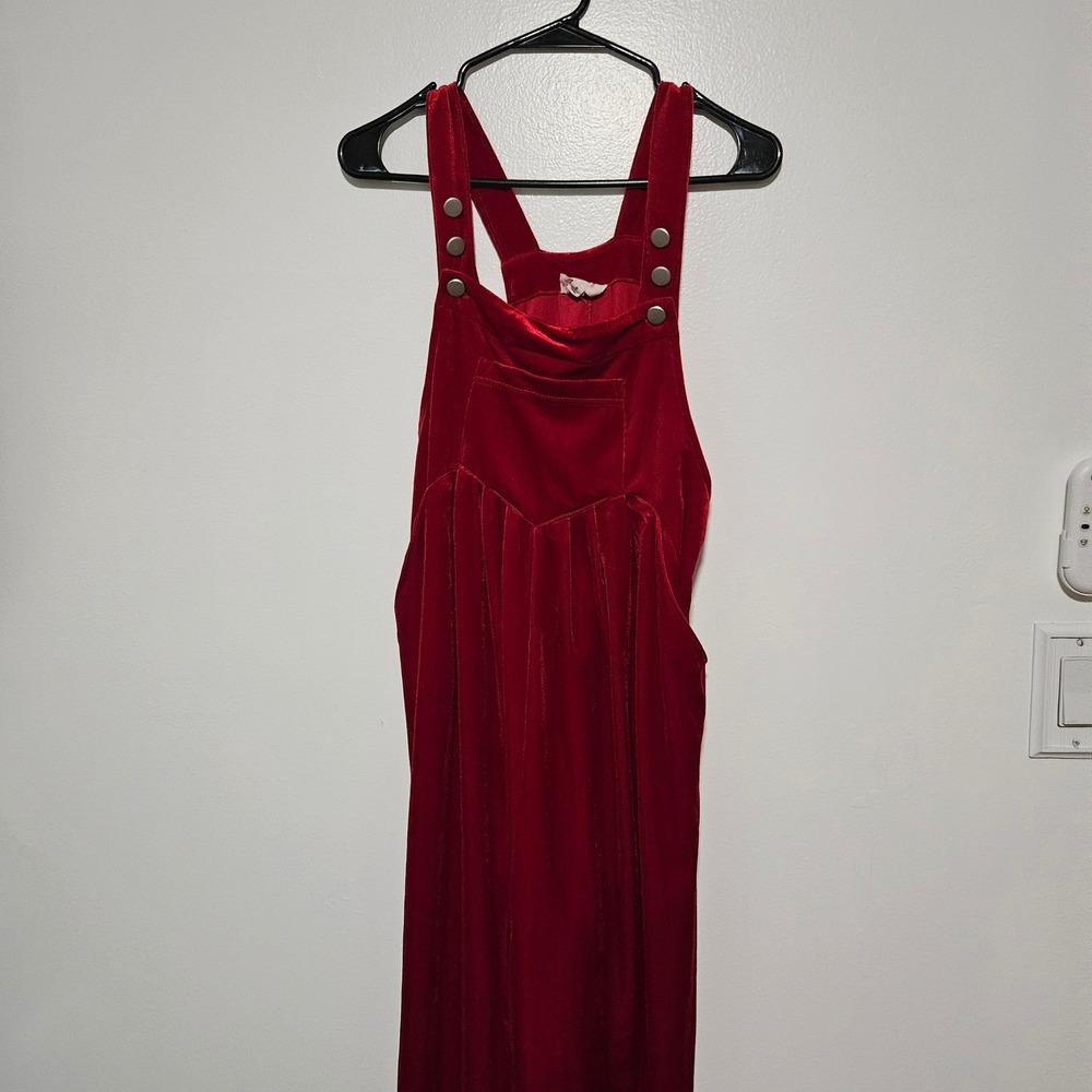 BIBI Red Velvet Overall Jumpsuit Wide Leg Button Strap Bib Pocket Small